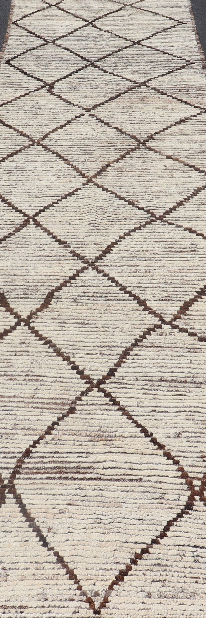 Modern Long Runner in Distressed Moroccan Design in Off White and Brown Diamonds Variegated white and off white background along with brown diamond shaped lines creates tribal design, modern design runner, Keivan Woven Arts/rug AFG - 36130, count... - Keivan Woven ArtsAFG - 36130 - 1621 - 16838Rug