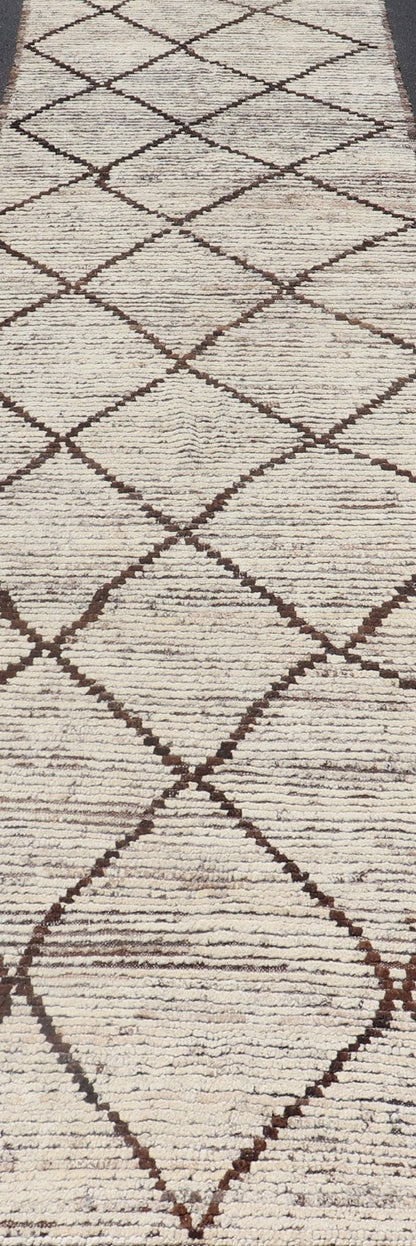 Modern Long Runner in Distressed Moroccan Design in Off White and Brown Diamonds Variegated white and off white background along with brown diamond shaped lines creates tribal design, modern design runner, Keivan Woven Arts/rug AFG - 36130, count... - Keivan Woven ArtsAFG - 36130 - 1621 - 16838Rug