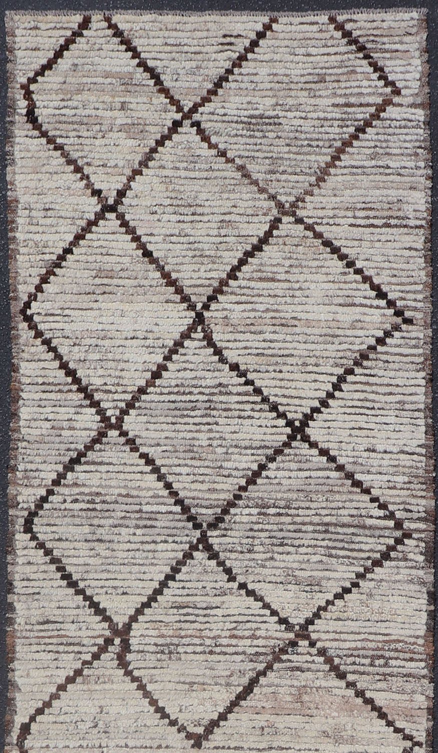 Modern Long Runner in Distressed Moroccan Design in Off White and Brown Diamonds Variegated white and off white background along with brown diamond shaped lines creates tribal design, modern design runner, Keivan Woven Arts/rug AFG - 36130, count... - Keivan Woven ArtsAFG - 36130 - 1621 - 16838Rug