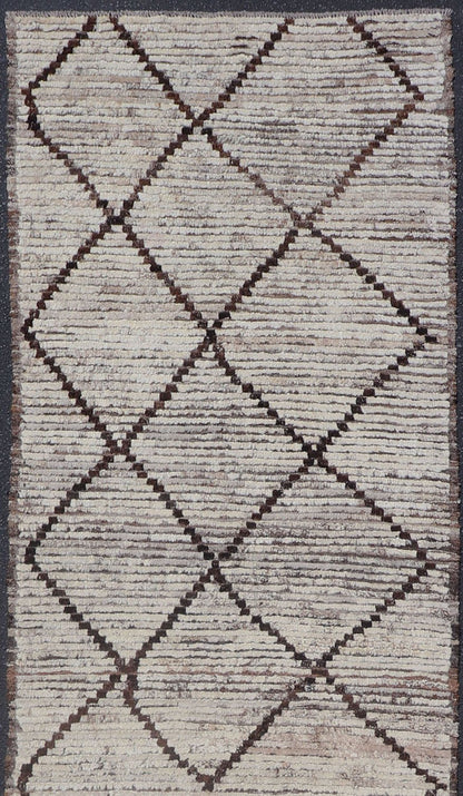 Modern Long Runner in Distressed Moroccan Design in Off White and Brown Diamonds Variegated white and off white background along with brown diamond shaped lines creates tribal design, modern design runner, Keivan Woven Arts/rug AFG - 36130, count... - Keivan Woven ArtsAFG - 36130 - 1621 - 16838Rug