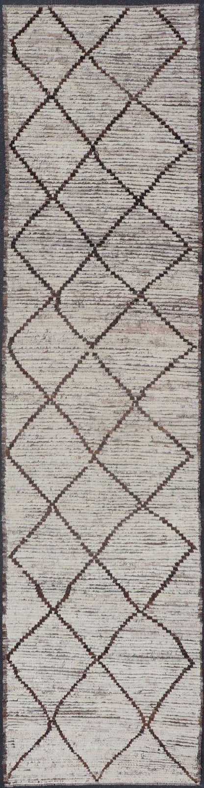 Modern Long Runner in Distressed Moroccan Design in Off White and Brown Diamonds Variegated white and off white background along with brown diamond shaped lines creates tribal design, modern design runner, Keivan Woven Arts/rug AFG - 36130, count... - Keivan Woven ArtsAFG - 36130 - 1621 - 16838Rug