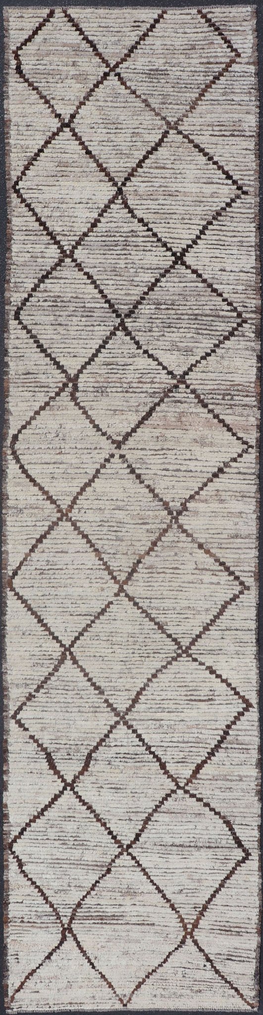 Modern Long Runner in Distressed Moroccan Design in Off White and Brown Diamonds Variegated white and off white background along with brown diamond shaped lines creates tribal design, modern design runner, Keivan Woven Arts/rug AFG - 36130, count... - Keivan Woven ArtsAFG - 36130 - 1621 - 16838Rug
