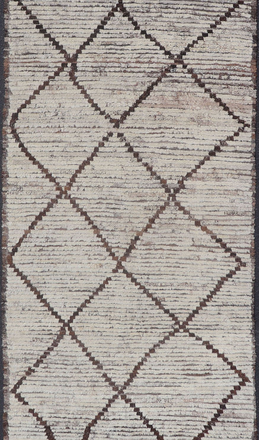 Modern Long Runner in Distressed Moroccan Design in Off White and Brown Diamonds Variegated white and off white background along with brown diamond shaped lines creates tribal design, modern design runner, Keivan Woven Arts/rug AFG - 36130, count... - Keivan Woven ArtsAFG - 36130 - 1621 - 16838Rug