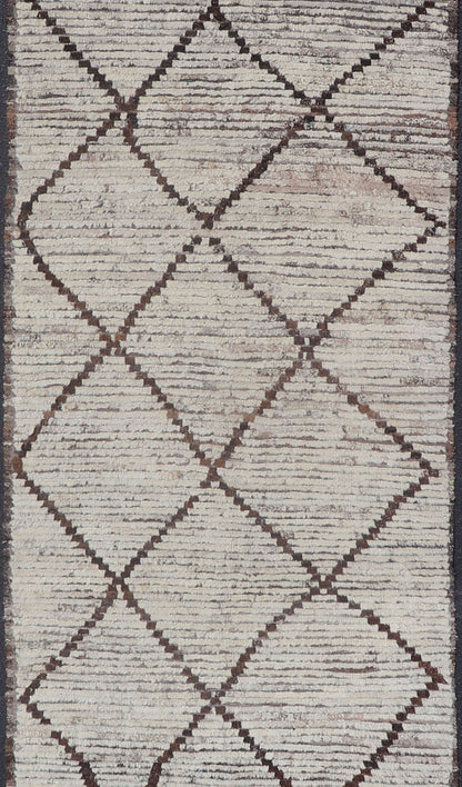 Modern Long Runner in Distressed Moroccan Design in Off White and Brown Diamonds Variegated white and off white background along with brown diamond shaped lines creates tribal design, modern design runner, Keivan Woven Arts/rug AFG - 36130, count... - Keivan Woven ArtsAFG - 36130 - 1621 - 16838Rug