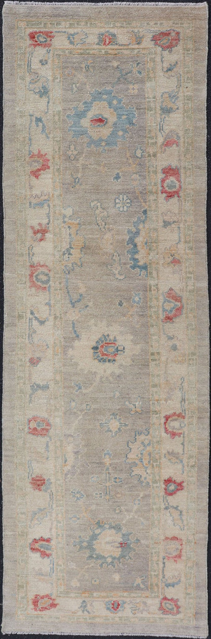 Measures: 2'11 x 9'2 Modern Oushak Floral Runner by Keivan Woven Arts in Multi Colors. Keivan Woven Arts/rug AFG - 39444, country of origin / type: Afghanistan / Oushak. This traditional Oushak rug features a neutral color background of taupe... - Keivan Woven ArtsAFG - 39444 - 18365Rug