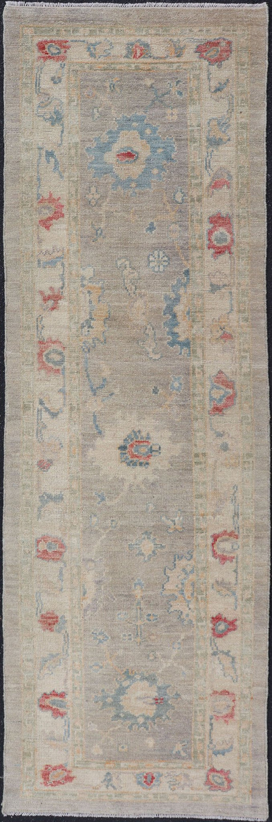 Measures: 2'11 x 9'2 Modern Oushak Floral Runner by Keivan Woven Arts in Multi Colors. Keivan Woven Arts/rug AFG - 39444, country of origin / type: Afghanistan / Oushak. This traditional Oushak rug features a neutral color background of taupe... - Keivan Woven ArtsAFG - 39444 - 18365Rug