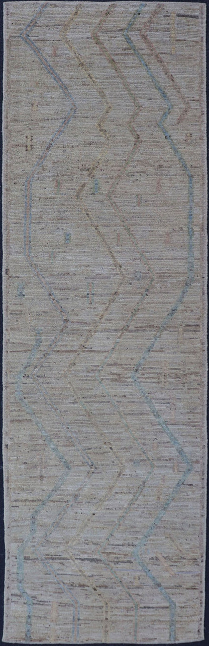 Measurers: 2'11 x 9'7 Afghan Modern Casual Runner by Keivan Woven Arts in Light Cream and Multi Colors. Keivan Woven Arts; rug AFG - 39445 Country of Origin: Afghanistan Type: Modern Casual Design: Geometric, Tribal Chevron, All - Over. This qu... - Keivan Woven ArtsAFG - 39445 - 18233Rug