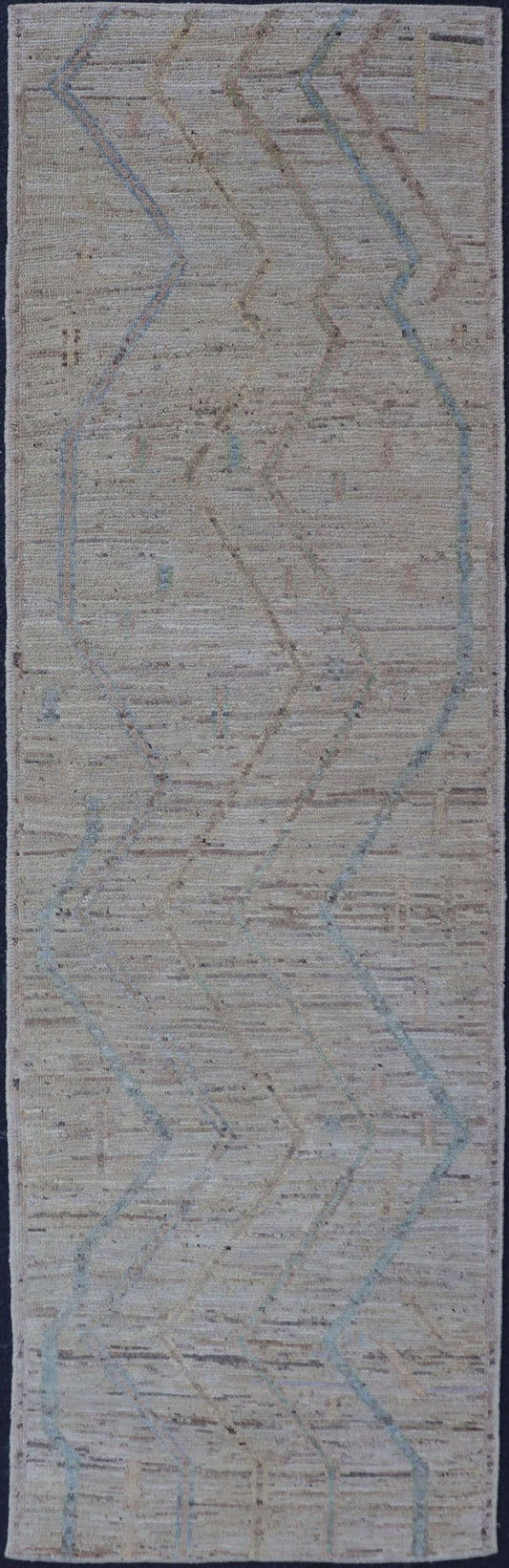 Measurers: 2'11 x 9'7 Afghan Modern Casual Runner by Keivan Woven Arts in Light Cream and Multi Colors. Keivan Woven Arts; rug AFG - 39445 Country of Origin: Afghanistan Type: Modern Casual Design: Geometric, Tribal Chevron, All - Over. This qu... - Keivan Woven ArtsAFG - 39445 - 18233
