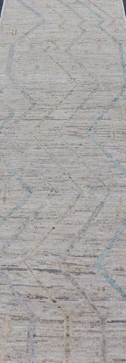 Measurers: 2'11 x 9'7 Afghan Modern Casual Runner by Keivan Woven Arts in Light Cream and Multi Colors. Keivan Woven Arts; rug AFG - 39445 Country of Origin: Afghanistan Type: Modern Casual Design: Geometric, Tribal Chevron, All - Over. This qu... - Keivan Woven ArtsAFG - 39445 - 18233Rug