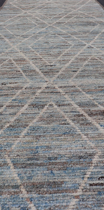 Measures: 3'2 x 11'0 Modern Runner with Traditional Design in Cream and Sky Blue by Keivan Woven Arts. rug AFG - 39459, country of origin / type: Afghanistan / Modern, condition: new. Keivan Woven Arts. This brand new rug features a Afghan tr... - Keivan Woven ArtsAFG - 39459 - 18377Rug