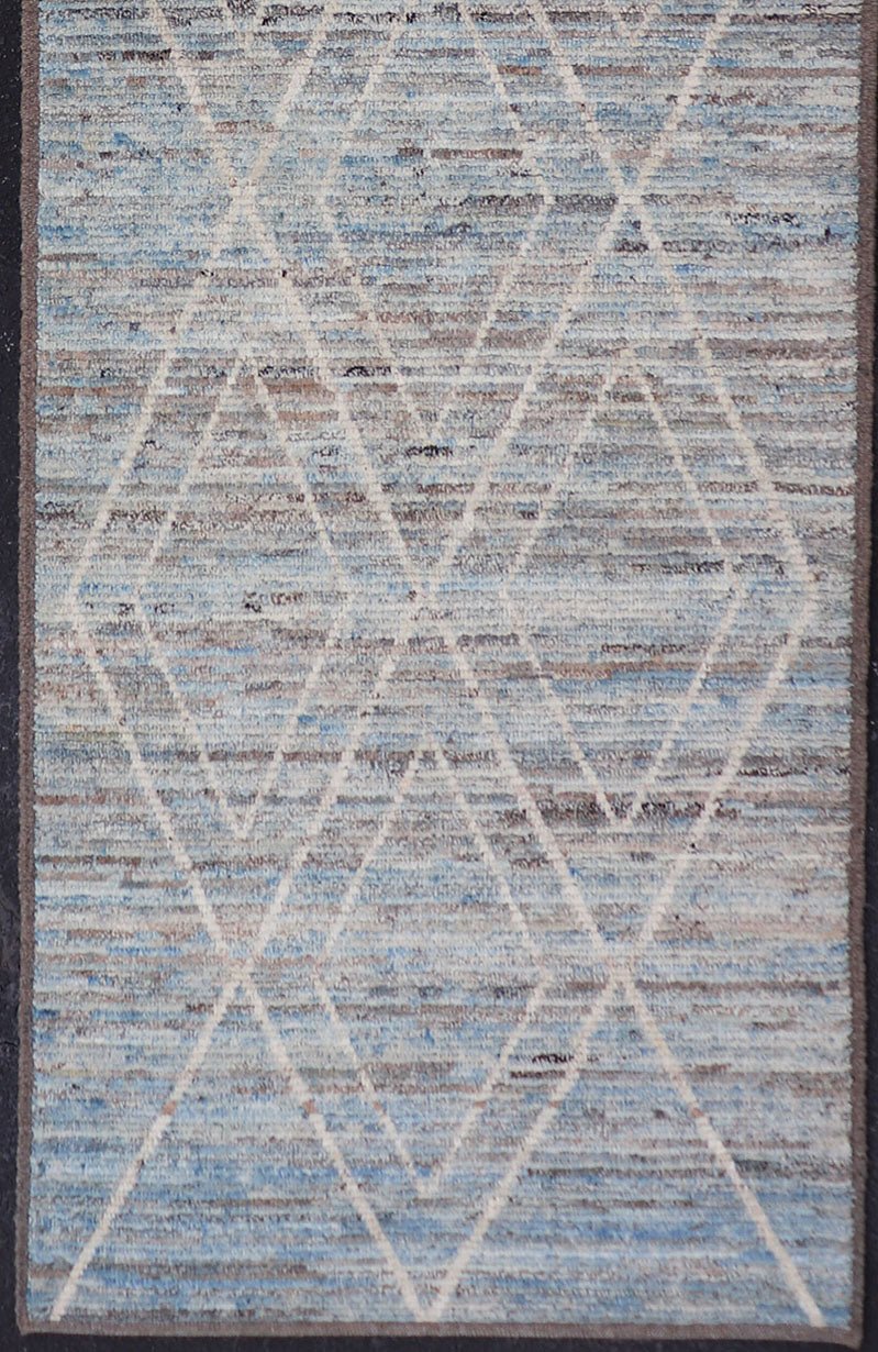 Measures: 3'2 x 11'0 Modern Runner with Traditional Design in Cream and Sky Blue by Keivan Woven Arts. rug AFG - 39459, country of origin / type: Afghanistan / Modern, condition: new. Keivan Woven Arts. This brand new rug features a Afghan tr... - Keivan Woven ArtsAFG - 39459 - 18377Rug