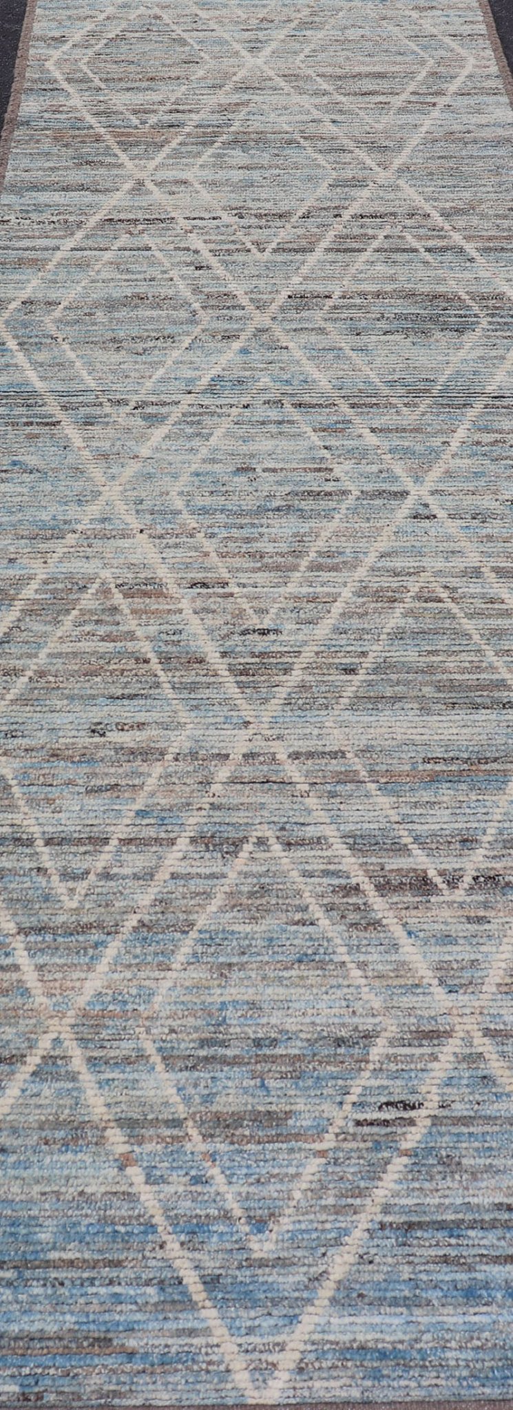Measures: 3'2 x 11'0 Modern Runner with Traditional Design in Cream and Sky Blue by Keivan Woven Arts. rug AFG - 39459, country of origin / type: Afghanistan / Modern, condition: new. Keivan Woven Arts. This brand new rug features a Afghan tr... - Keivan Woven ArtsAFG - 39459 - 18377Rug