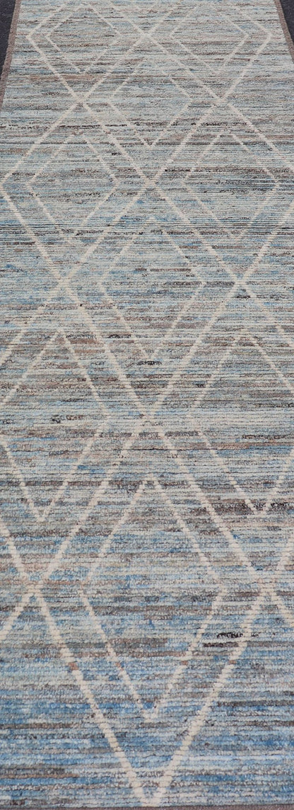 Measures: 3'2 x 11'0 Modern Runner with Traditional Design in Cream and Sky Blue by Keivan Woven Arts. rug AFG - 39459, country of origin / type: Afghanistan / Modern, condition: new. Keivan Woven Arts. This brand new rug features a Afghan tr... - Keivan Woven ArtsAFG - 39459 - 18377Rug
