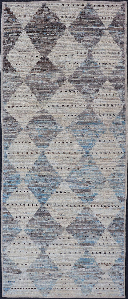 Measures: 3'1 x 7'10 Modern Tribal Runner by Keivan Woven Arts Diamond Design in Cream and Blue. Keivan Woven Arts, rug AFG - 39463, country of origin / type: Afghanistan / Modern Casual, circa Early - 21th Century. This modern casual tribal galler... - Keivan Woven ArtsAFG - 39463 - 18269Rug
