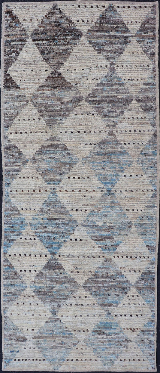 Measures: 3'1 x 7'10 Modern Tribal Runner by Keivan Woven Arts Diamond Design in Cream and Blue. Keivan Woven Arts, rug AFG - 39463, country of origin / type: Afghanistan / Modern Casual, circa Early - 21th Century. This modern casual tribal galler... - Keivan Woven ArtsAFG - 39463 - 18269Rug