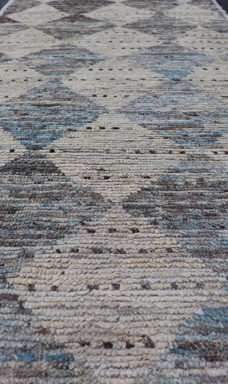 Measures: 3'1 x 7'10 Modern Tribal Runner by Keivan Woven Arts Diamond Design in Cream and Blue. Keivan Woven Arts, rug AFG - 39463, country of origin / type: Afghanistan / Modern Casual, circa Early - 21th Century. This modern casual tribal galler... - Keivan Woven ArtsAFG - 39463 - 18269Rug