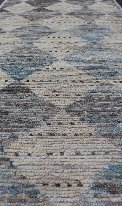 Measures: 3'1 x 7'10 Modern Tribal Runner by Keivan Woven Arts Diamond Design in Cream and Blue. Keivan Woven Arts, rug AFG - 39463, country of origin / type: Afghanistan / Modern Casual, circa Early - 21th Century. This modern casual tribal galler... - Keivan Woven ArtsAFG - 39463 - 18269Rug