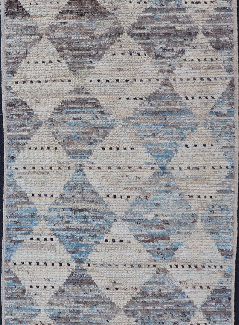 Measures: 3'1 x 7'10 Modern Tribal Runner by Keivan Woven Arts Diamond Design in Cream and Blue. Keivan Woven Arts, rug AFG - 39463, country of origin / type: Afghanistan / Modern Casual, circa Early - 21th Century. This modern casual tribal galler... - Keivan Woven ArtsAFG - 39463 - 18269Rug