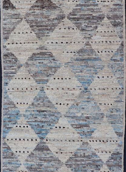 Measures: 3'1 x 7'10 Modern Tribal Runner by Keivan Woven Arts Diamond Design in Cream and Blue. Keivan Woven Arts, rug AFG - 39463, country of origin / type: Afghanistan / Modern Casual, circa Early - 21th Century. This modern casual tribal galler... - Keivan Woven ArtsAFG - 39463 - 18269Rug