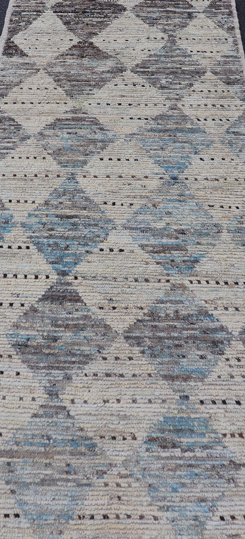 Measures: 3'1 x 7'10 Modern Tribal Runner by Keivan Woven Arts Diamond Design in Cream and Blue. Keivan Woven Arts, rug AFG - 39463, country of origin / type: Afghanistan / Modern Casual, circa Early - 21th Century. This modern casual tribal galler... - Keivan Woven ArtsAFG - 39463 - 18269Rug