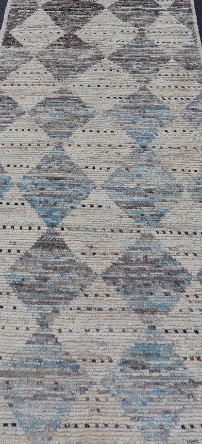Measures: 3'1 x 7'10 Modern Tribal Runner by Keivan Woven Arts Diamond Design in Cream and Blue. Keivan Woven Arts, rug AFG - 39463, country of origin / type: Afghanistan / Modern Casual, circa Early - 21th Century. This modern casual tribal galler... - Keivan Woven ArtsAFG - 39463 - 18269Rug
