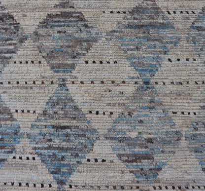 Measures: 3'1 x 7'10 Modern Tribal Runner by Keivan Woven Arts Diamond Design in Cream and Blue. Keivan Woven Arts, rug AFG - 39463, country of origin / type: Afghanistan / Modern Casual, circa Early - 21th Century. This modern casual tribal galler... - Keivan Woven ArtsAFG - 39463 - 18269Rug