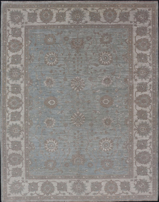 Measures: 5'9 x 7'9 Modern Oushak by Keivan Woven Arts With Floral Design on Green - Blue Field . Keivan Woven Arts/ rug /AFG - 39464, Country of Origin: Afghanistan Type: Oushak Design: Floral, All - Over, Arabesque - Floral 21st century. Modern d... - Keivan Woven ArtsAFG - 39464 - 18389Rug