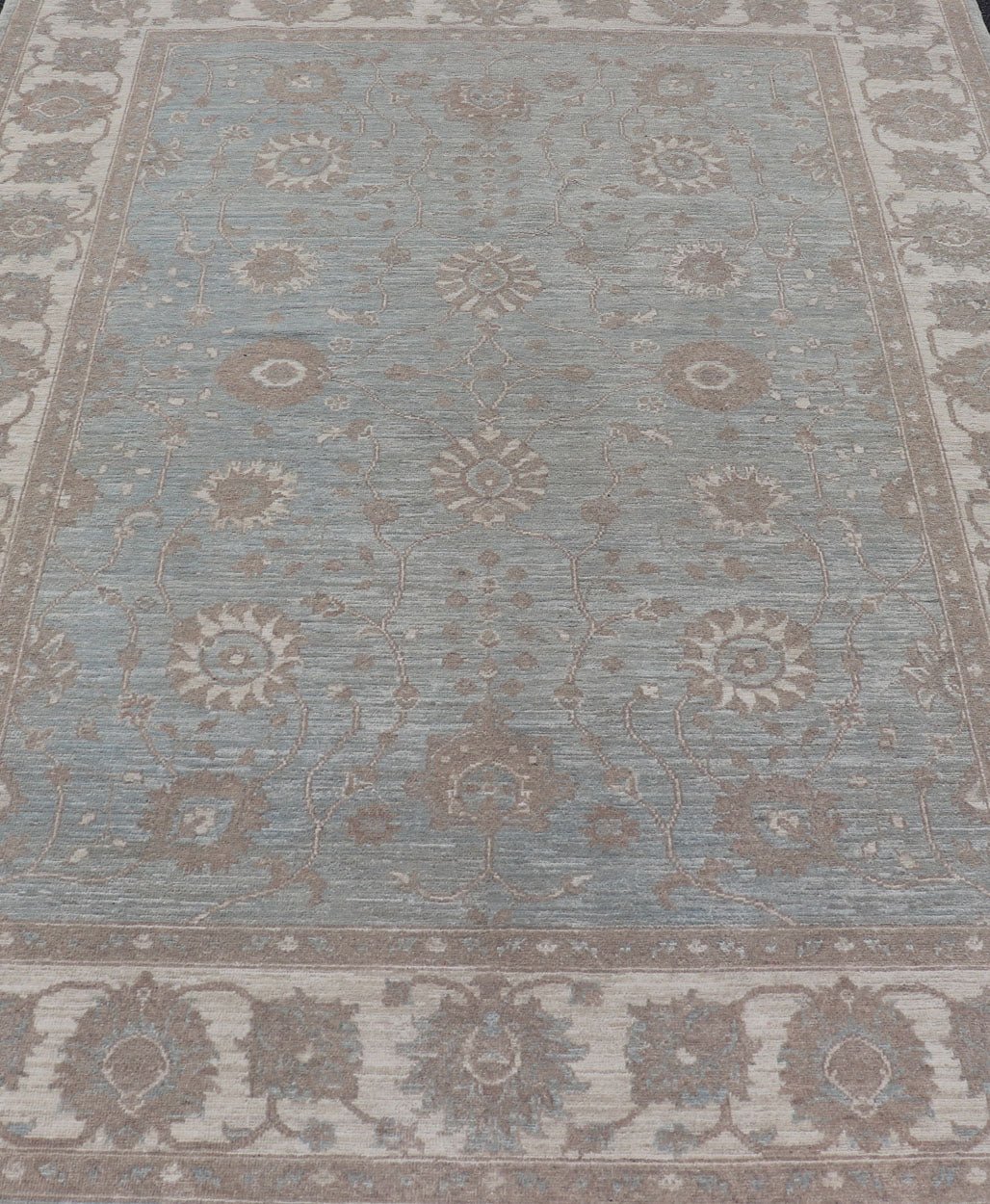 Measures: 5'9 x 7'9 Modern Oushak by Keivan Woven Arts With Floral Design on Green - Blue Field . Keivan Woven Arts/ rug /AFG - 39464, Country of Origin: Afghanistan Type: Oushak Design: Floral, All - Over, Arabesque - Floral 21st century. Modern d... - Keivan Woven ArtsAFG - 39464 - 18389Rug