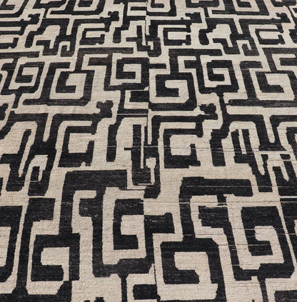 Measures: 8'3 x 9'7 Large Black and Ivory Abstract Modern Casual Rug by Keivan Woven Arts. Keivan Woven Arts; rug AFG - 39466 / Country of Origin: Afghanistan Type: Modern Casual Design: Abstract, Sub - Geometric, Minimalist. This oversized mod... - Keivan Woven ArtsAFG - 39466 - 18281Rug
