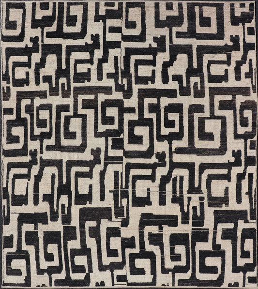 Measures: 8'3 x 9'7 Large Black and Ivory Abstract Modern Casual Rug by Keivan Woven Arts. Keivan Woven Arts; rug AFG - 39466 / Country of Origin: Afghanistan Type: Modern Casual Design: Abstract, Sub - Geometric, Minimalist. This oversized mod... - Keivan Woven ArtsAFG - 39466 - 18281Rug