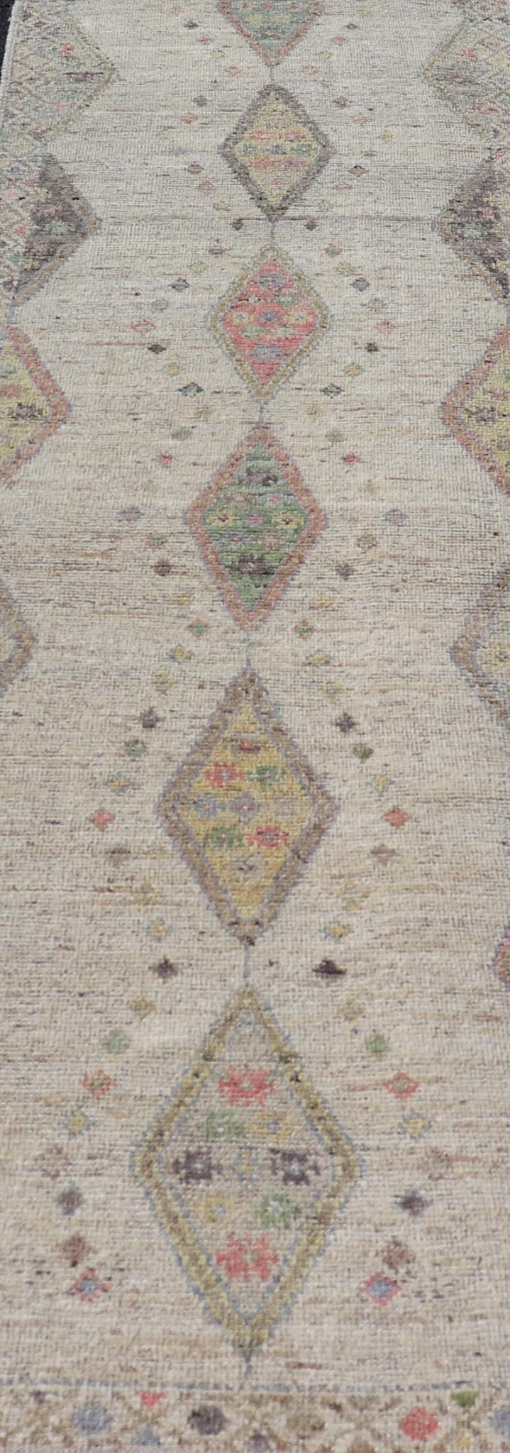 Modern Hand - Knotted Runner with Sub - Geometric Diamond Design in Wool This modern casual tribal rug has been hand - knotted in wool. The rug features a modern sub - geometric diamond design, rendered in multicolor, and enclosed within a complemen... - Keivan Woven ArtsAFG - 39502 - 19754Rug