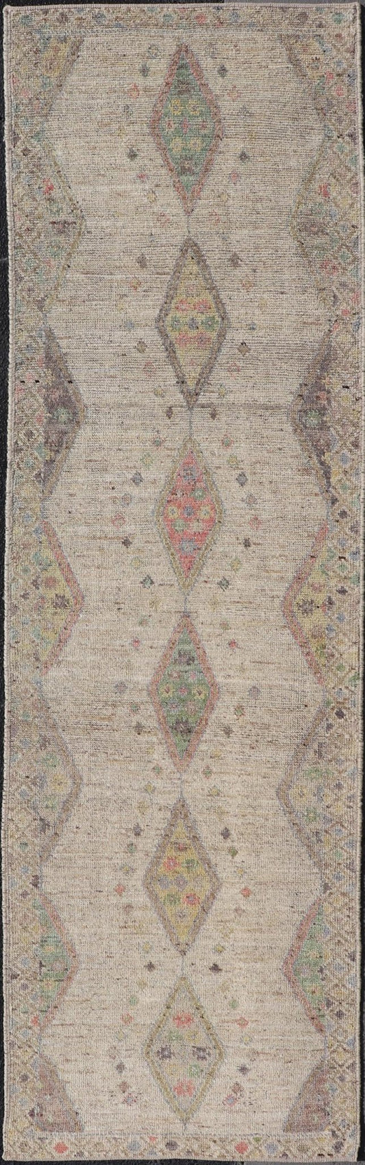 Modern Hand - Knotted Runner with Sub - Geometric Diamond Design in Wool This modern casual tribal rug has been hand - knotted in wool. The rug features a modern sub - geometric diamond design, rendered in multicolor, and enclosed within a complemen... - Keivan Woven ArtsAFG - 39502 - 19754Rug
