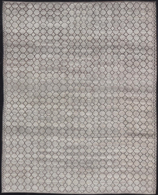Modern Hand - Knotted Rug in Wool with All - Over Sub - Geometric Design in light gray and off white Tones. This large modern casual rug has been hand - knotted in Northern Afghanistan. The rug features a modern all - over sub - geometric design, replete w... - Keivan Woven ArtsAFG - 39753 - 19340Rug