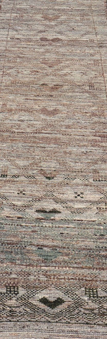 Modern Hand - Knotted Runner in Wool with Diamond Design in Neutral Tones This modern casual tribal runner has been hand - knotted in wool. The runner features a modern all - over sub - geometric diamond design, replete with various motifs in charcoal, ... - Keivan Woven ArtsAFG - 39818 - 19562Rug