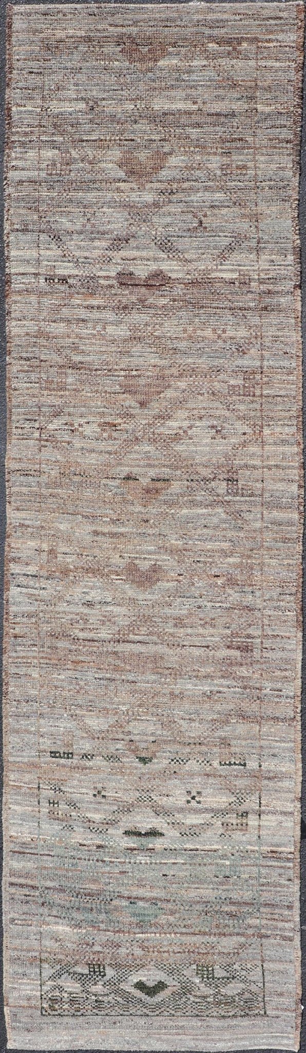 Modern Hand - Knotted Runner in Wool with Diamond Design in Neutral Tones This modern casual tribal runner has been hand - knotted in wool. The runner features a modern all - over sub - geometric diamond design, replete with various motifs in charcoal, ... - Keivan Woven ArtsAFG - 39818 - 19562