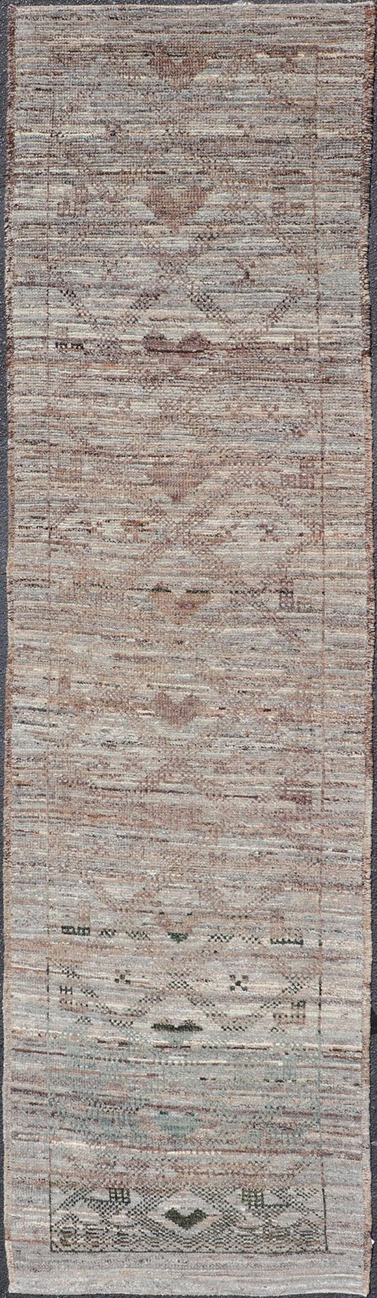 Modern Hand - Knotted Runner in Wool with Diamond Design in Neutral Tones This modern casual tribal runner has been hand - knotted in wool. The runner features a modern all - over sub - geometric diamond design, replete with various motifs in charcoal, ... - Keivan Woven ArtsAFG - 39818 - 19562