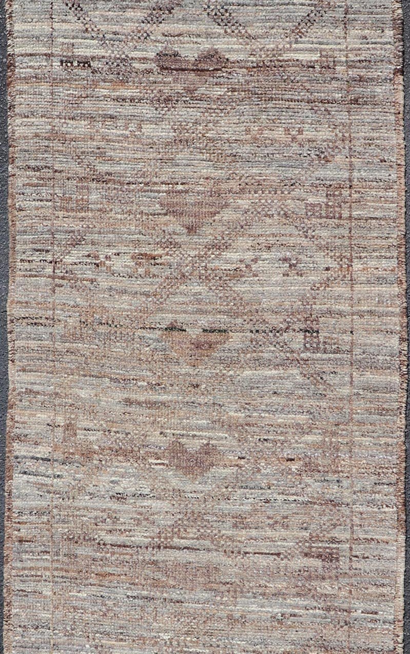 Modern Hand - Knotted Runner in Wool with Diamond Design in Neutral Tones This modern casual tribal runner has been hand - knotted in wool. The runner features a modern all - over sub - geometric diamond design, replete with various motifs in charcoal, ... - Keivan Woven ArtsAFG - 39818 - 19562Rug