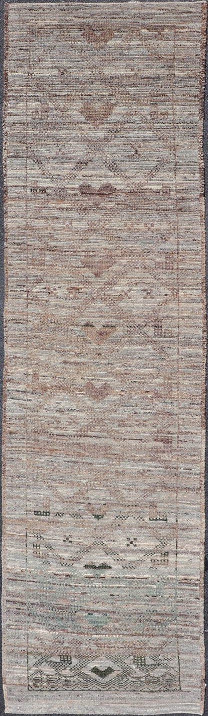 Modern Hand - Knotted Runner in Wool with Diamond Design in Neutral Tones This modern casual tribal runner has been hand - knotted in wool. The runner features a modern all - over sub - geometric diamond design, replete with various motifs in charcoal, ... - Keivan Woven ArtsAFG - 39818 - 19562Rug