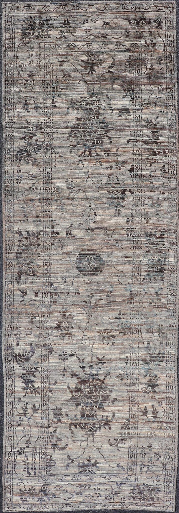 Modern Oushak Designed Runner in Wool with Floral Design in Earthy Tones This modern casual tribal runner has been hand - knotted in wool. The runner features a modern sub - geometric floral design, and is enclosed within a complementary, multi - tie... - Keivan Woven ArtsAFG - 39879 - 19568Rug