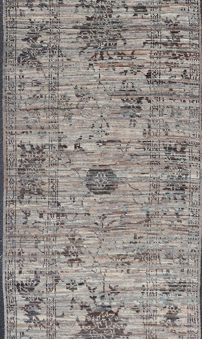 Modern Oushak Designed Runner in Wool with Floral Design in Earthy Tones This modern casual tribal runner has been hand - knotted in wool. The runner features a modern sub - geometric floral design, and is enclosed within a complementary, multi - tie... - Keivan Woven ArtsAFG - 39879 - 19568Rug