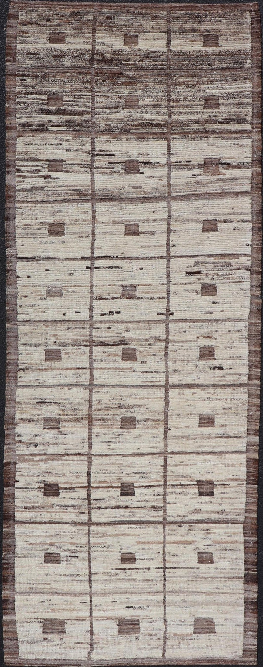 Modern Hand - Knotted Runner in Wool with Box Design in Brown and Neutral Tones This modern casual tribal rug has been hand - knotted in wool. The rug features a modern sub - geometric box design, rendered in brown and neutral tones; making this rug ... - Keivan Woven ArtsAFG - 39892 - 19580