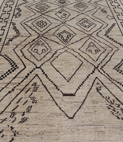 The design of the rug includes a series of interconnected diamond shapes, each containing different motifs such as crosses, zigzags, and other stylized symbols. The central theme is a grid of diamond patterns that vary slightly in size and detail, crea... - Keivan Woven ArtsAFG - 39925 - 19598Rug