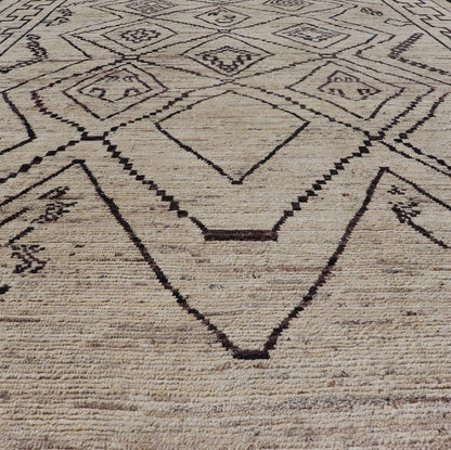 The design of the rug includes a series of interconnected diamond shapes, each containing different motifs such as crosses, zigzags, and other stylized symbols. The central theme is a grid of diamond patterns that vary slightly in size and detail, crea... - Keivan Woven ArtsAFG - 39925 - 19598Rug