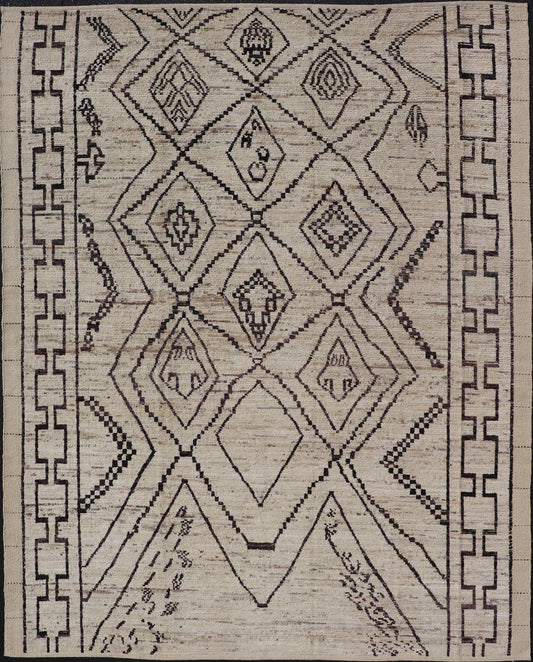 The design of the rug includes a series of interconnected diamond shapes, each containing different motifs such as crosses, zigzags, and other stylized symbols. The central theme is a grid of diamond patterns that vary slightly in size and detail, crea... - Keivan Woven ArtsAFG - 39925 - 19598Rug