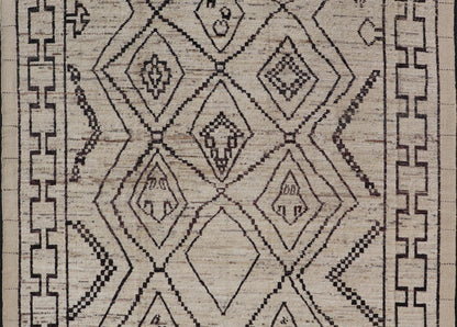 The design of the rug includes a series of interconnected diamond shapes, each containing different motifs such as crosses, zigzags, and other stylized symbols. The central theme is a grid of diamond patterns that vary slightly in size and detail, crea... - Keivan Woven ArtsAFG - 39925 - 19598Rug