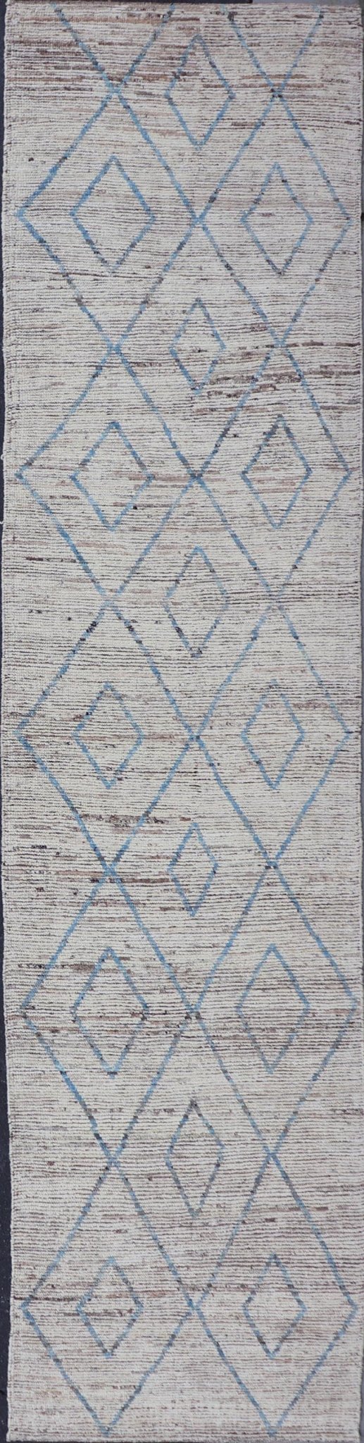 Modern Tribal Runner in Wool with Sub - Geometric Diamond Design in Cream and Blue This modern casual tribal runner has been hand - knotted. The rug features a modern sub - geometric diamond design, rendered in blue and neutral tones, making this rug... - Keivan Woven ArtsAFG - 39935 - 19382Rug