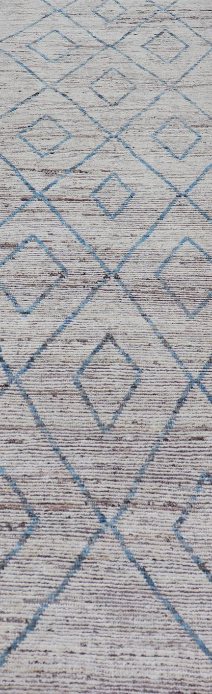 Modern Tribal Runner in Wool with Sub - Geometric Diamond Design in Cream and Blue This modern casual tribal runner has been hand - knotted. The rug features a modern sub - geometric diamond design, rendered in blue and neutral tones, making this rug... - Keivan Woven ArtsAFG - 39935 - 19382Rug