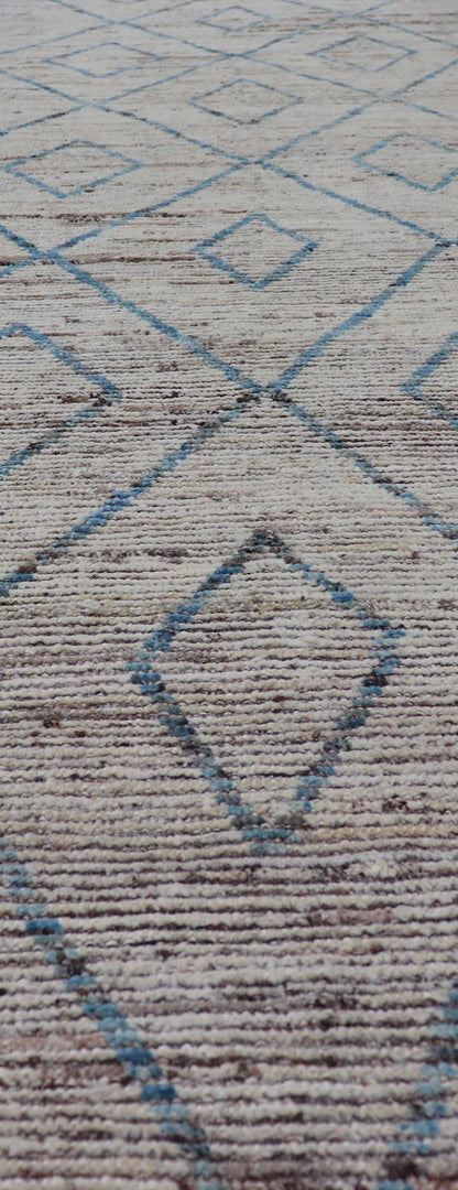 Modern Tribal Runner in Wool with Sub - Geometric Diamond Design in Cream and Blue This modern casual tribal runner has been hand - knotted. The rug features a modern sub - geometric diamond design, rendered in blue and neutral tones, making this rug... - Keivan Woven ArtsAFG - 39935 - 19382Rug