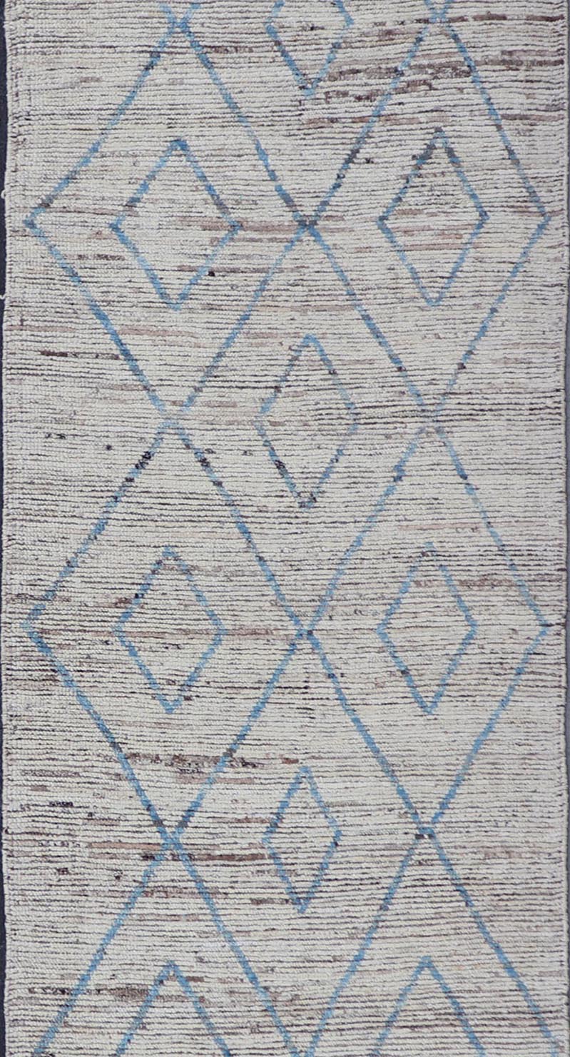 Modern Tribal Runner in Wool with Sub - Geometric Diamond Design in Cream and Blue This modern casual tribal runner has been hand - knotted. The rug features a modern sub - geometric diamond design, rendered in blue and neutral tones, making this rug... - Keivan Woven ArtsAFG - 39935 - 19382Rug