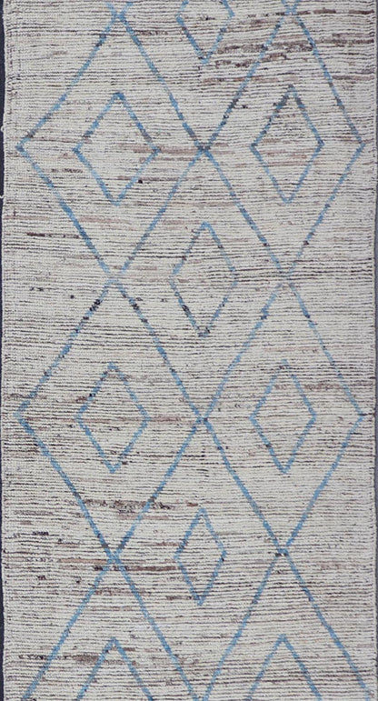 Modern Tribal Runner in Wool with Sub - Geometric Diamond Design in Cream and Blue This modern casual tribal runner has been hand - knotted. The rug features a modern sub - geometric diamond design, rendered in blue and neutral tones, making this rug... - Keivan Woven ArtsAFG - 39935 - 19382Rug